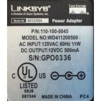 CARGADOR / ADAPTADOR DE FUENTE DE ALIMENTACION LINKSYS / VCA-VCD / NUMERO DE PARTE 110-100-0045 / SPO0336 / ENTRADA VCA 120V 60HZ 11W / SALIDA VCD 12V 500MA / MODELO WD411200500